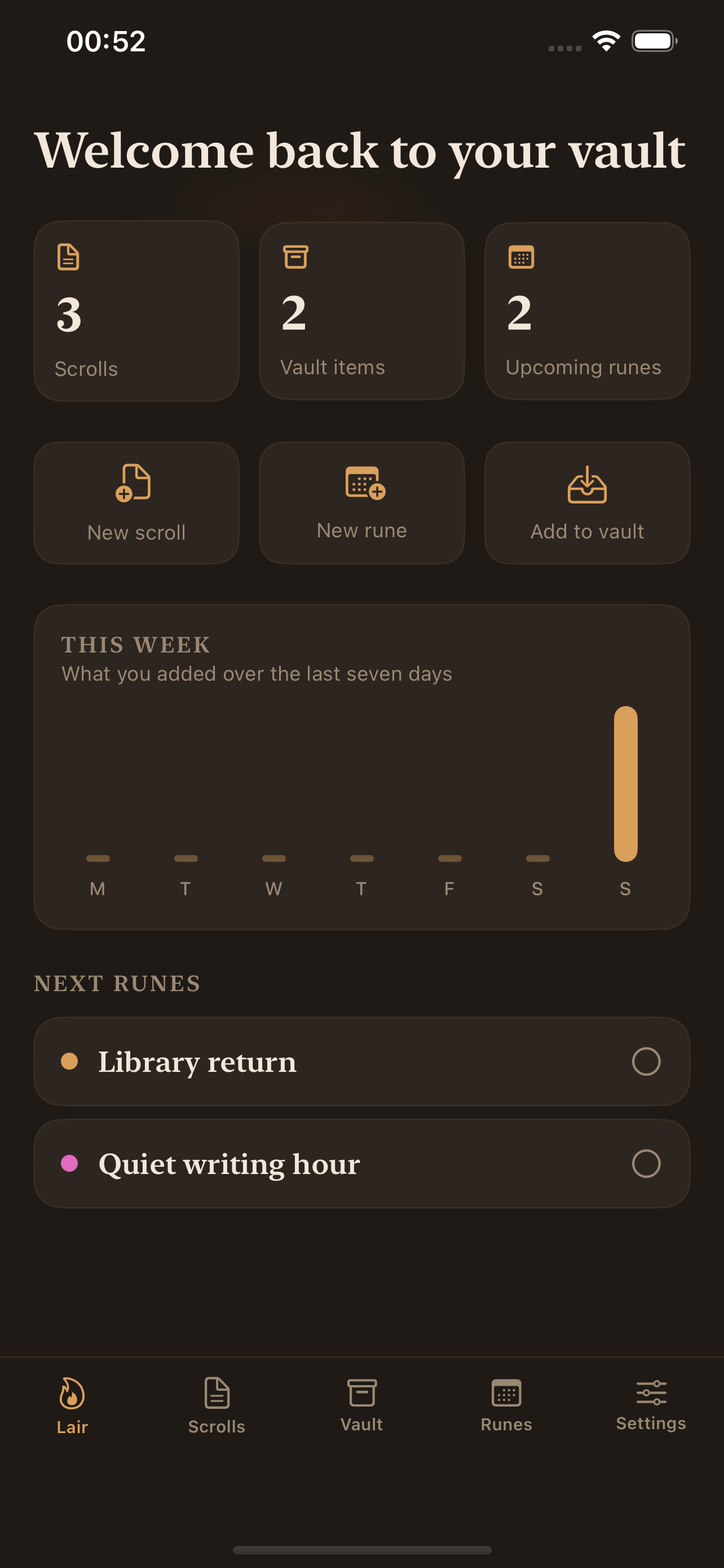 Rune-Vault Lair dashboard screenshot