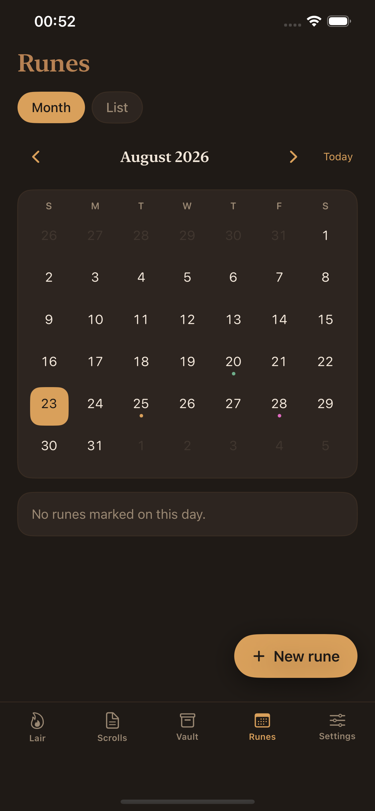 Rune-Vault Runes calendar screenshot
